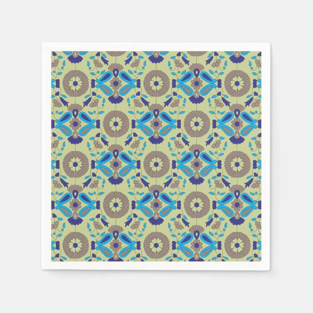 A symmetrical textile design featuring blue and or napkin (Front)