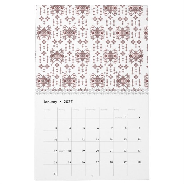 A symmetrical white wrapping paper featuring a rep calendar (Jan 2027)
