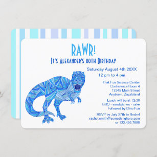 A T-Rex Dinosaur Blue Prehistoric Birthday RAWR Invitation