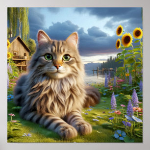 A Tabby Cat Resting in a Tranquil Countryside Poster