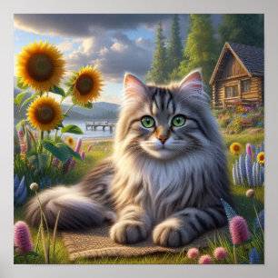 A Tabby Cat Resting in a Tranquil Countryside Poster