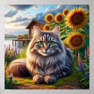 A Tabby Cat Resting in a Tranquil Countryside Poster