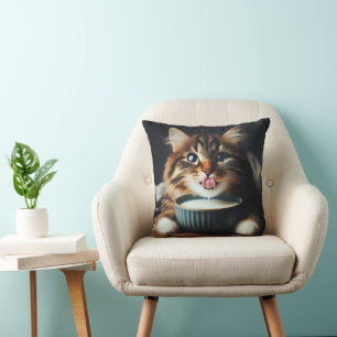 A tabby cat with sparkling eyes drinks delightfull cushion