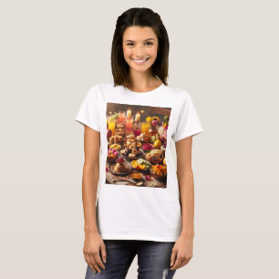 a table full of food including fruit and flower T-Shirt