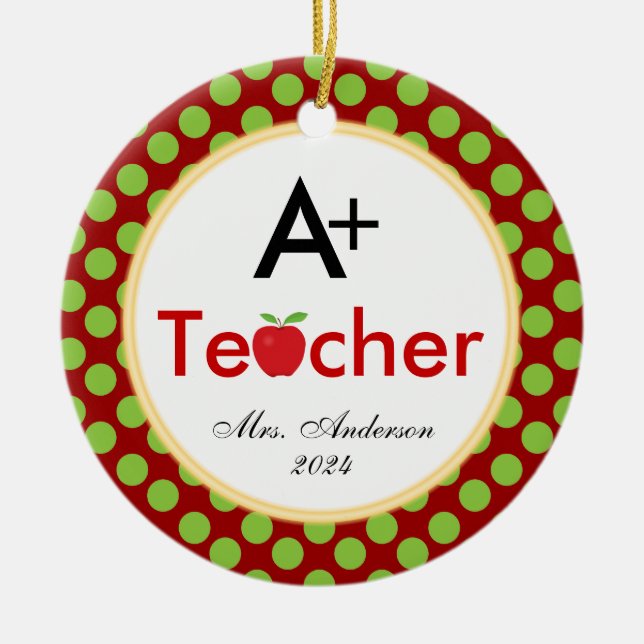 A+ Teacher with Apple Christmas Ceramic Tree Decoration (Front)