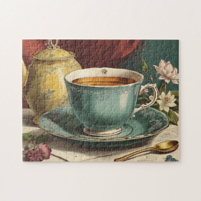 A teacup and teapot surrounded by flowers jigsaw puzzle (Horizontal)