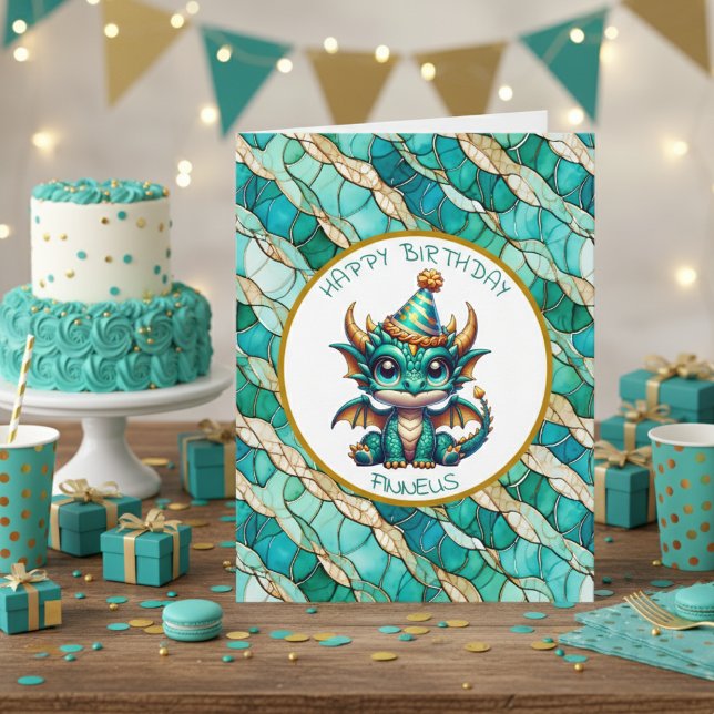 A Teal and Gold Dragon Personalised Boy's Birthday Card (Creator Uploaded)