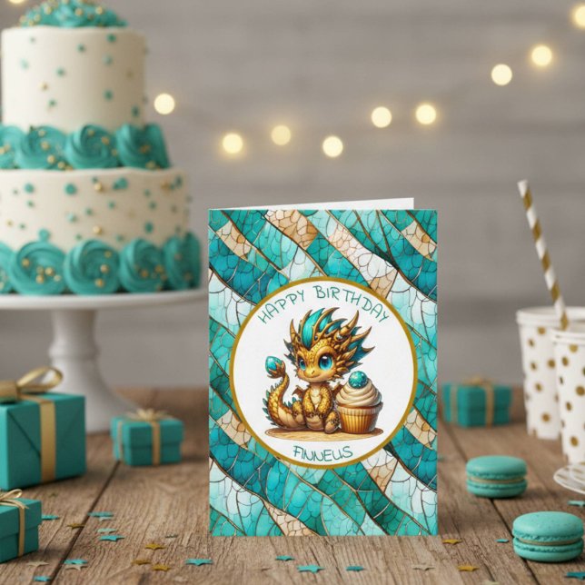 A Teal and Gold Dragon Personalised Boy's Birthday Card (Creator Uploaded)