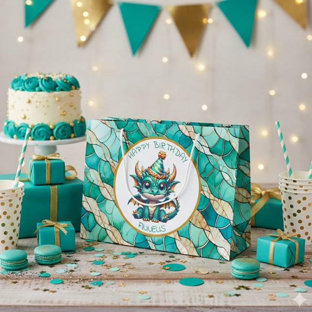 A Teal and Gold Dragon Personalised Boy's Birthday Large Gift Bag (Creator Uploaded)