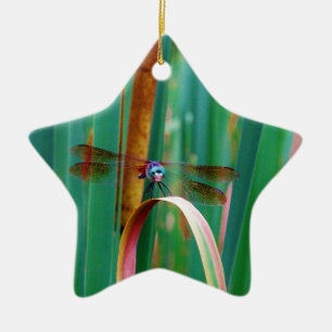 A teal Eyed Dragonfly with cattails Ceramic Tree Decoration