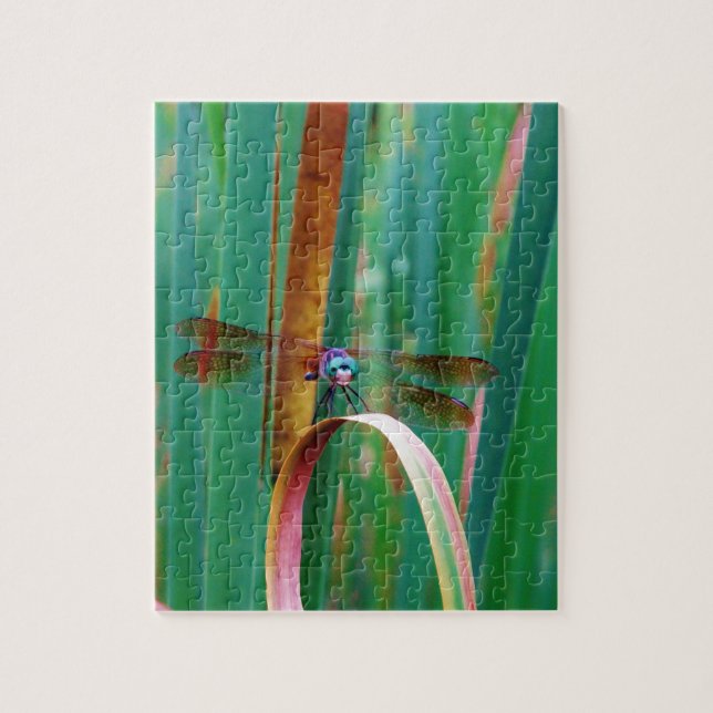 A teal Eyed Dragonfly with cattails Jigsaw Puzzle (Vertical)