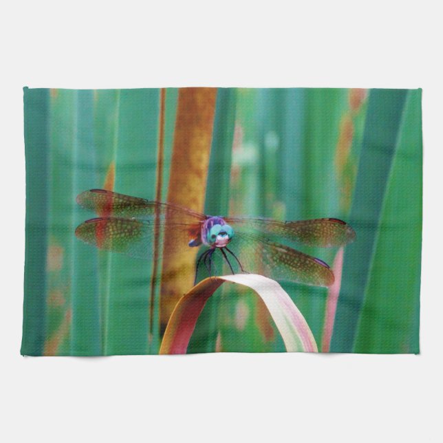 A teal Eyed Dragonfly with cattails Tea Towel (Horizontal)