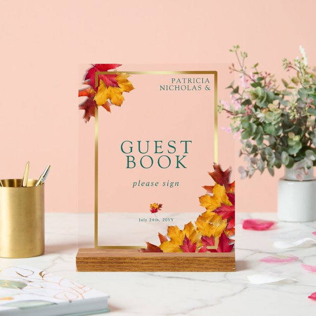 A Teal & Fall Fantasy Gold Rustic Guest Book  Acrylic Sign (Creator Uploaded)