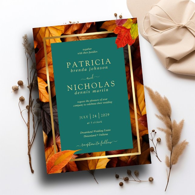 A Teal & Fall Fantasy Gold Rustic Reverie Wedding Invitation (Creator Uploaded)