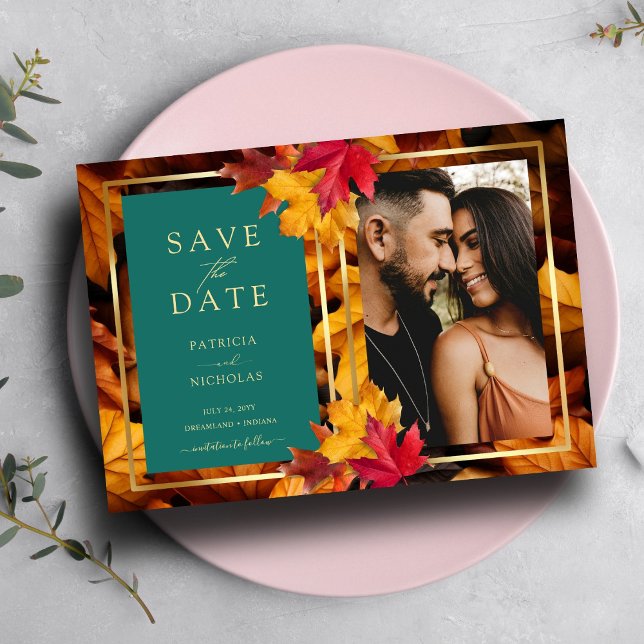 A Teal & Fall Fantasy Gold Rustic Reverie Wedding Save The Date (Creator Uploaded)