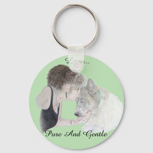 A tender loving drawing of girl kissing akita dog key ring (Front)
