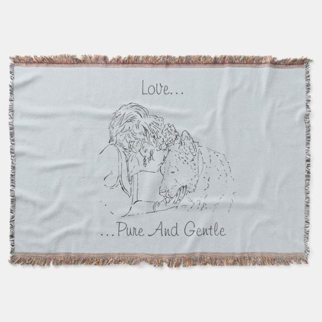 A tender loving drawing of girl kissing akita dog throw blanket (Front)