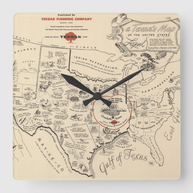 A Texan's Map of the United States (of Texas) Square Wall Clock (Front)