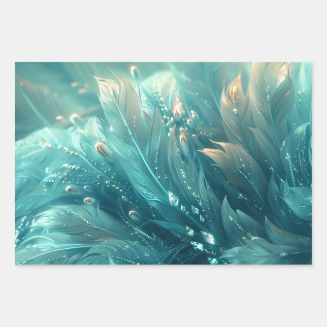 A texture of turquoise feathers and diamond glow wrapping paper sheet (Front)