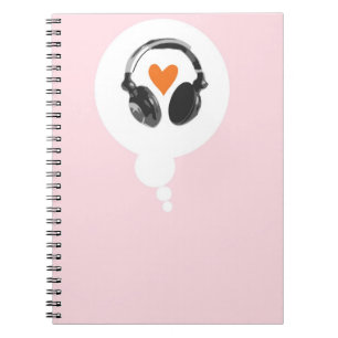A thought bubble with a heart and headphones notebook