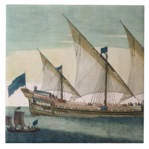 A three-masted Galleass under way by sail, oars sh Ceramic Tile