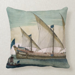 A three-masted Galleass under way by sail, oars sh Cushion