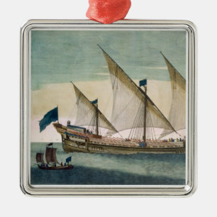 A three-masted Galleass under way by sail, oars sh Metal Ornament