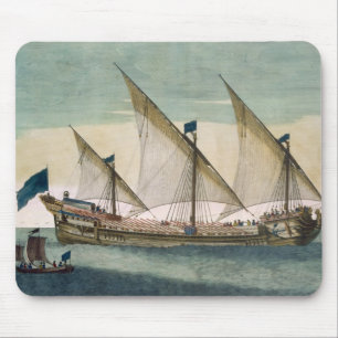 A three-masted Galleass under way by sail, oars sh Mouse Pad