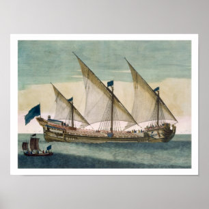 A three-masted Galleass under way by sail, oars sh Poster