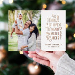 A Thrill of Hope | Modern Photo Christmas   Foil Holiday Card<br><div class="desc">This stylish Christmas holiday photo card features modern typography,  reading,  "A Thrill of Hope,  The Weary World Rejoices, " and one photo template. The back of the card contains a matching pattern of holly berries,  leaves,  and pine sprigs.</div>