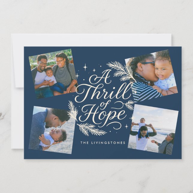 A Thrill of Hope Navy 4 Photo Collage Religious Holiday Card (Front)