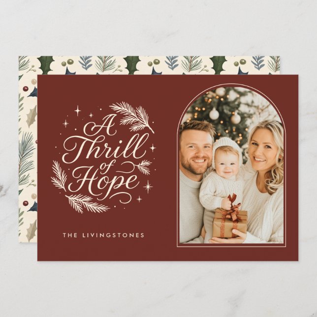 A Thrill of Hope Red Religious Arch Photo Holiday Card (Front/Back)