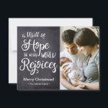 A thrill of Hope the weary world rejoices Baby Holiday Card<br><div class="desc">Personalise this Christmas flat card featuring the words "A thrill of hope the weary world rejoices" on chalkboard. Customise with a photo of baby, family name and birth announcement details. Include baby's birth date, stats and your return address of easy mailing. WIsh your family and friends "Merry Christmas" and introduce...</div>