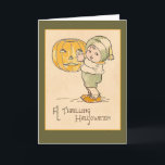 A Thrilling Halloween Vintage Art Card<br><div class="desc">A truly adorable vintage illustration of a small child and a large jack o lantern. Text reads A Thrilling Halloween. Customise and personalise these cards any way you like. Use the simple CUSTOMIZE button just beneath the image, to add text or add colour to the cards. Cards are available in...</div>