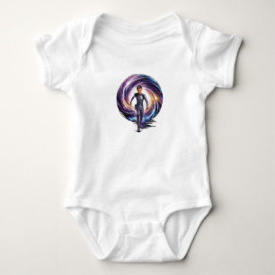 A time traveller stepping through a portal, with s baby bodysuit