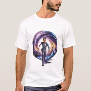 A time traveller stepping through a portal, with s T-Shirt