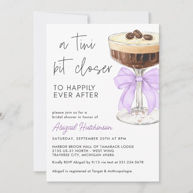 A Tini Bit Closer Bow Espresso Martini Bridal Invitation (Front)
