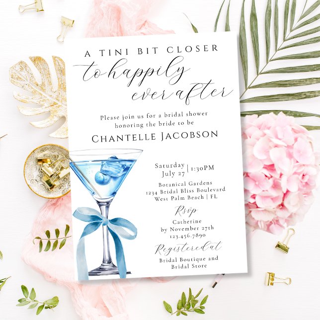 A Tini Bit Closer Chic Blue Martini Bridal Shower Invitation (Creator Uploaded)