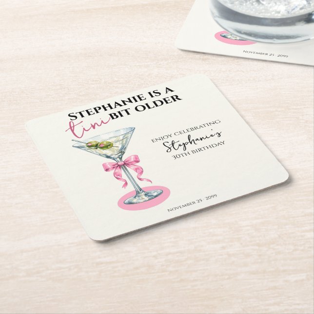A Tini Bit Older Pink Bow 30th Birthday Square Paper Coaster (Angled)