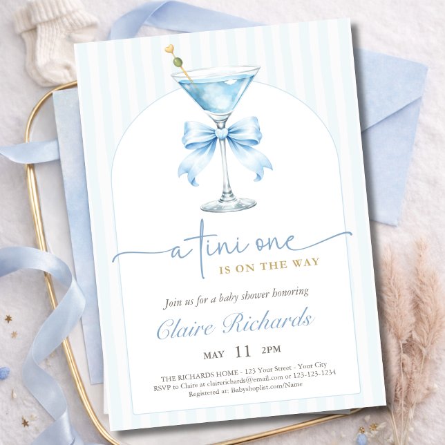 A Tini One Blue Bow Stripes Boy Baby Shower Invitation (Creator Uploaded)
