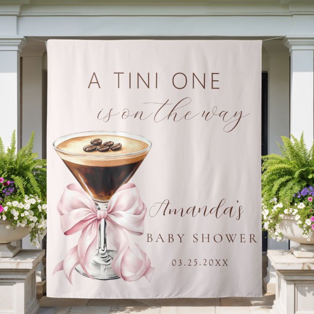 A tini One Espresso Martini Baby Shower Backdrop Tapestry (A tini one is on the way Pink coquette bow baby shower backdrop)