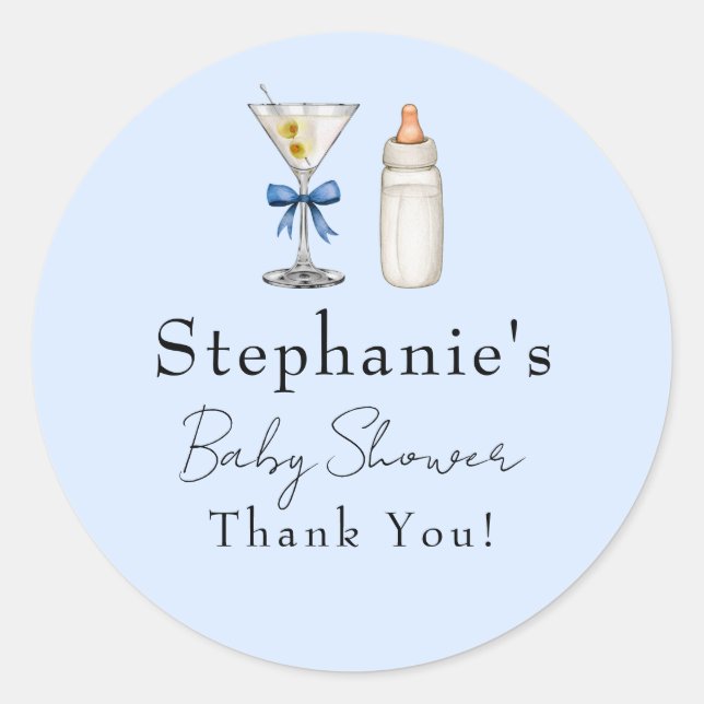 A Tini One Is On The Way Blue Martini Baby Shower Classic Round Sticker (Front)