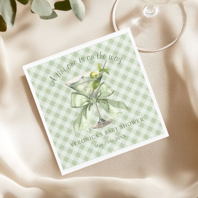 A Tini One is on the way Coquette Baby Shower Napkin (A tini one is on the way Sage green martini baby shower napkin)