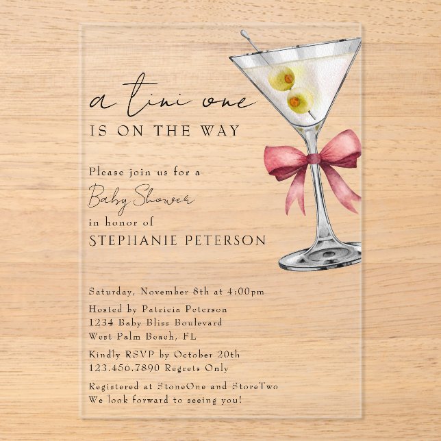 A Tini One Simple Minimal Pink Martini Baby Shower Acrylic Invitations (Front)