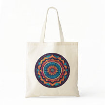 A tote bag with a bold, colourful mandala pattern