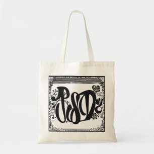 A tote bag with black-coloured fonts on it
