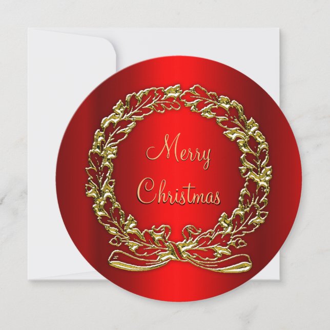 A Touch of Elegance Gold Wreath on Red Christmas Holiday Card (Front)