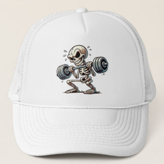 A tough skeleton working out  trucker hat