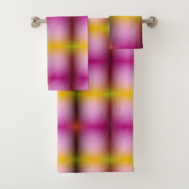 A towel set hangs on a rod featuring a vibrant  (Insitu)