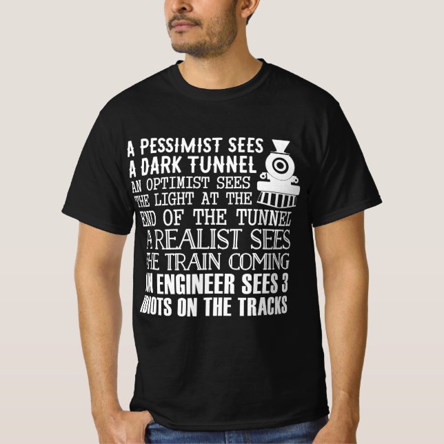 A Train, Engineer And 3 Idiots - Funny Joke T-Shirt (Front)